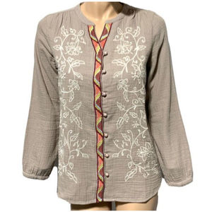 Coldwater Creek Shirt Button Front Size XS Embroidered Cotton Gauze Top